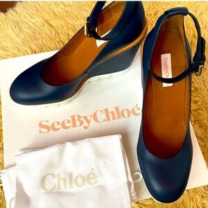 See By Chloé Navy Blue Wedge Pumps with Ankle Strap
